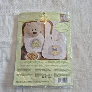 Bucilla 2 baby bib stamped cross stitch kit unopened, complete kit